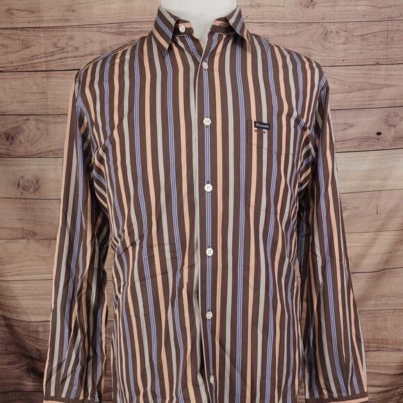FACONNABLE CLUB STRIPED 100% COTTON BUTTON DOWN SHIRT MENS SIZE L LARGE BROWN - Picture 3 of 6